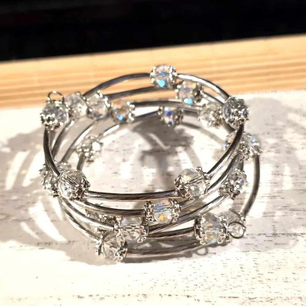 Silver Tone Crystal Wrap Bracelet With Clear Faceted Beads & Filigree Details